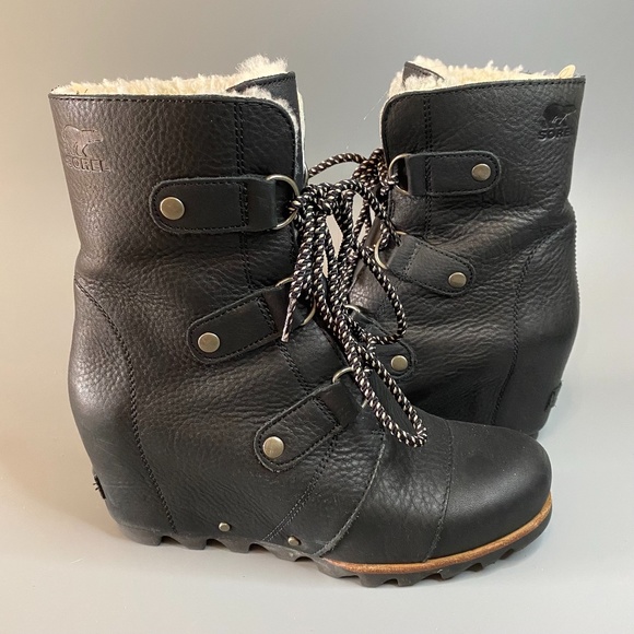 Sorel Shoes - Sorel Joan of Arctic Mid Lace Up Wedge Black Leather Shearling Lux 8.5